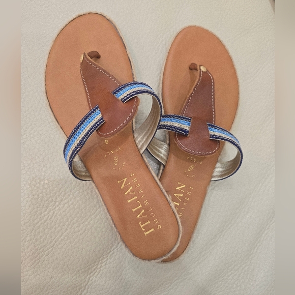 Italian Shoemakers Brown Blue Thong Sandals Leather Flats Size 8 - Picture 2 of 5